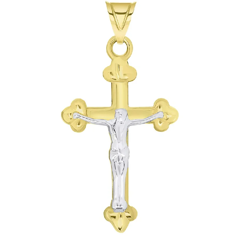 14k Solid Yellow Gold Christian Trefoil Cross Two Tone Crucifix Pendant