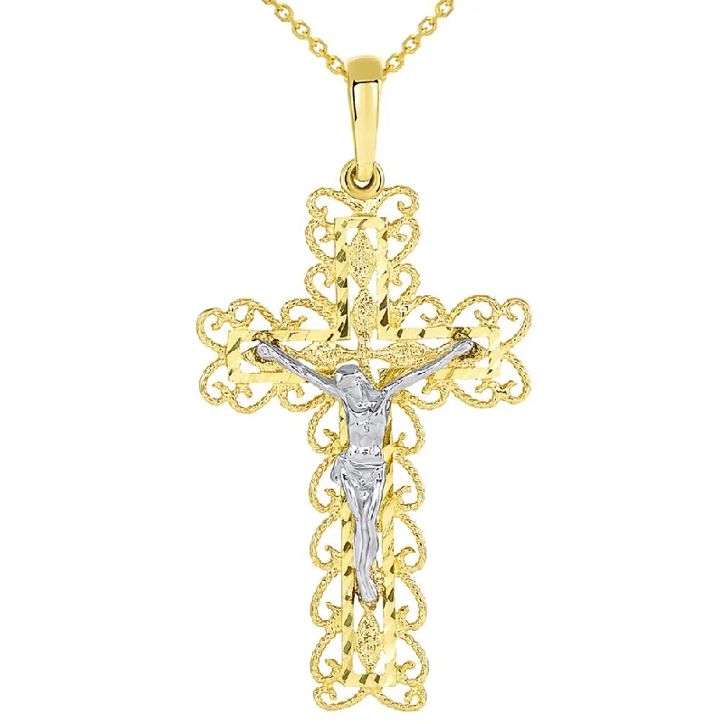 14k Two Tone Gold Fancy Religious Filigree Cross Jesus Crucifix Pendant Necklace