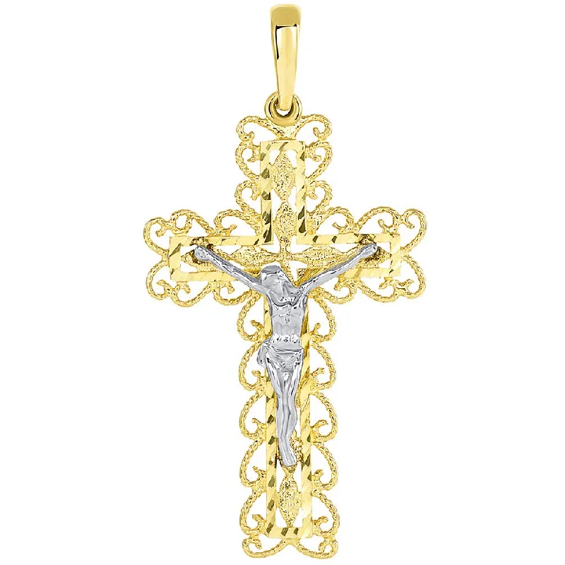 14k Two Tone Gold Fancy Religious Filigree Cross Jesus Crucifix Pendant