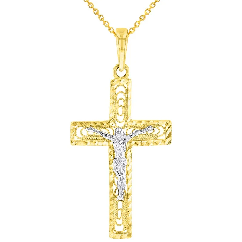 14k Two-Tone Gold Textured Catholic Cross Elegant Jesus Crucifix Pendant Necklace