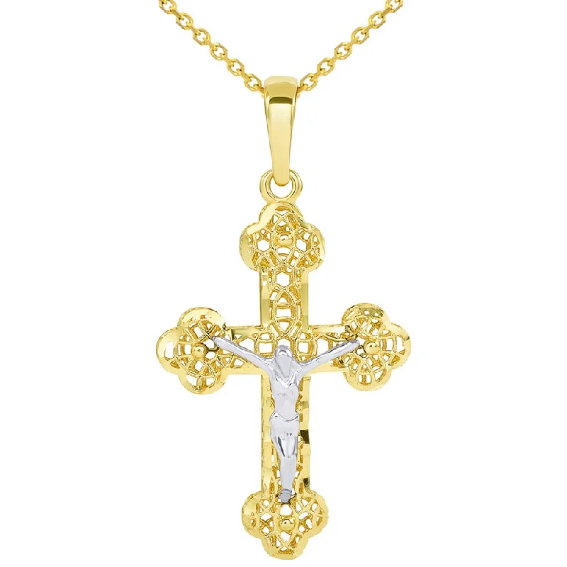 14k Two Tone Gold Textured Filigree Eastern Orthodox Cross 3D Jesus Crucifix Pendant Necklace