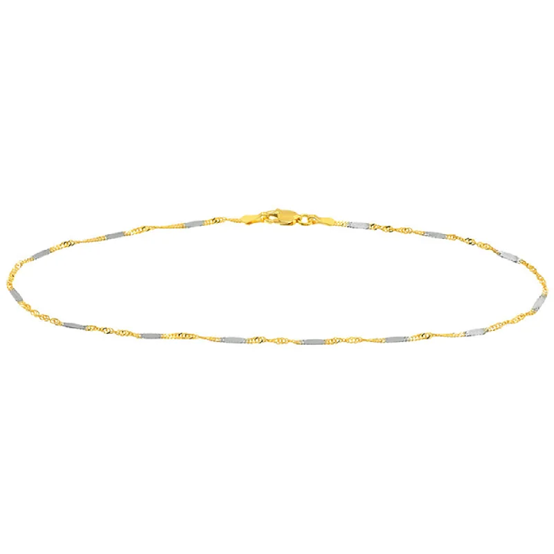 14K Two-Tone Gold 1.45mm Singapore Flat Saturn Chain Anklet with Lobster Lock, 10 inch