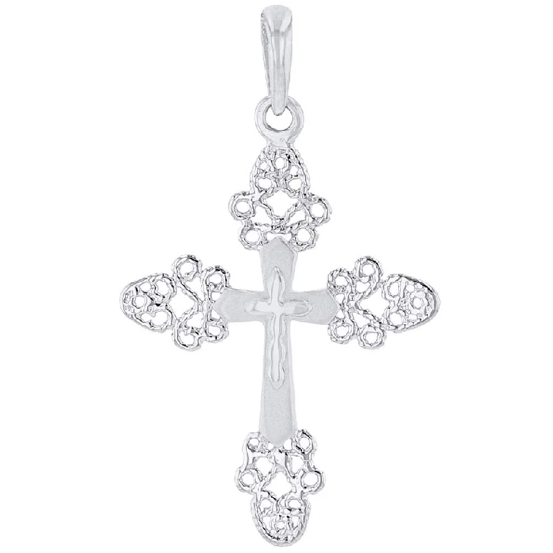 14k White Gold Elegant Filigree Fleur de Lis Cross Pendant