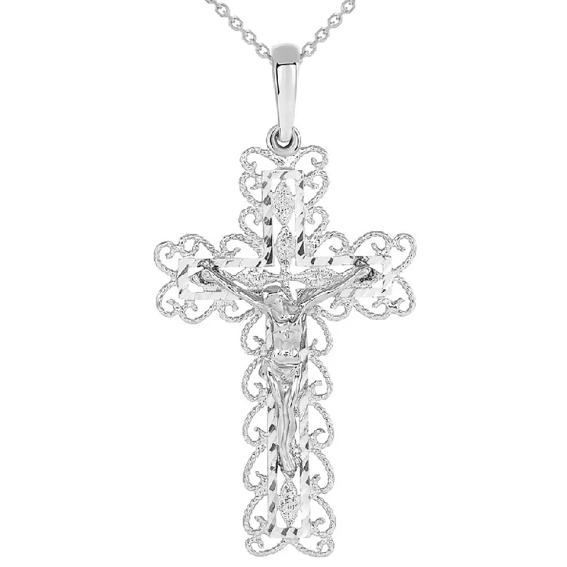 14k White Gold Fancy Filigree Religious Cross Jesus Crucifix Pendant Necklace