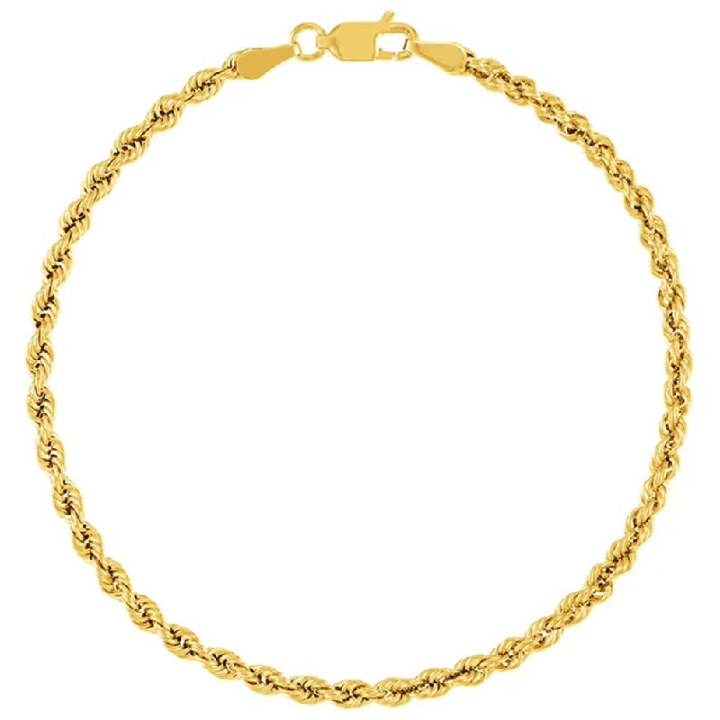 14k Yellow Gold Hollow 3mm Rope Chain Bracelet with Lobster Lock - Light Rope Chain Bracelet with Diamond Cut