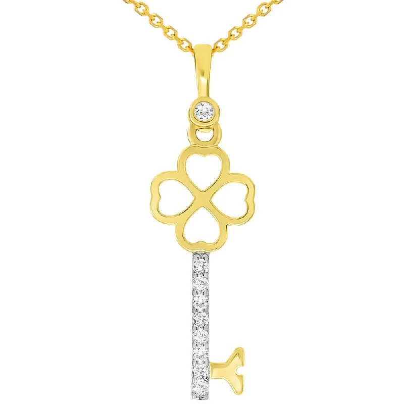 14k Yellow Gold Cubic Zirconia Four Leaf Clover Love Key Heart Pendant Necklace Available with Cable, Curb, or Figaro Chain