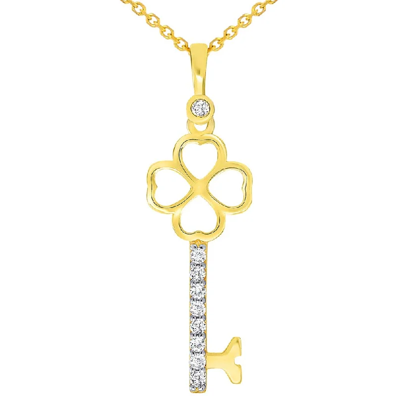 14k Yellow Gold Cubic Zirconia Four Leaf Clover Love Key To My Heart Pendant Necklace Available with Cable, Curb, or Figaro Chain