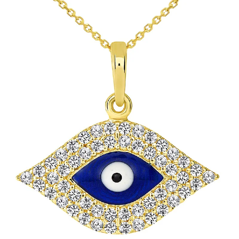 14k Yellow Gold CZ Elegant Evil Eye Protection Pendant with Rolo, Curb, or Figaro Chain Necklaces