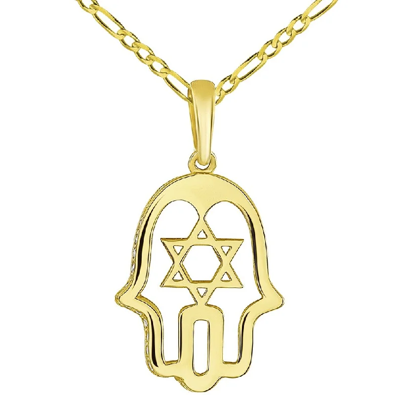 14K Yellow Gold CZ Hamsa Hand of God with Star of David Pendant with Figaro Chain Necklace