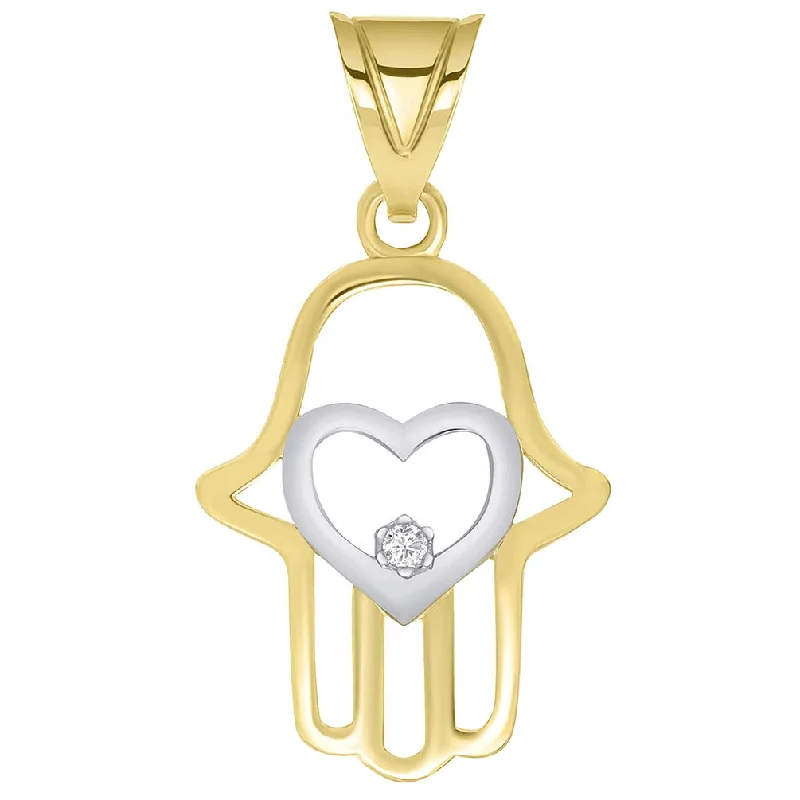 14k Yellow Gold CZ Heart Two Tone Hamsa Hand Charm Pendant