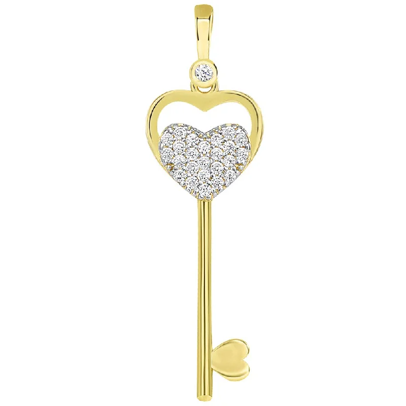 14k Yellow Gold Double Heart Love Key Pendant with Cubic Zirconia Gemstones