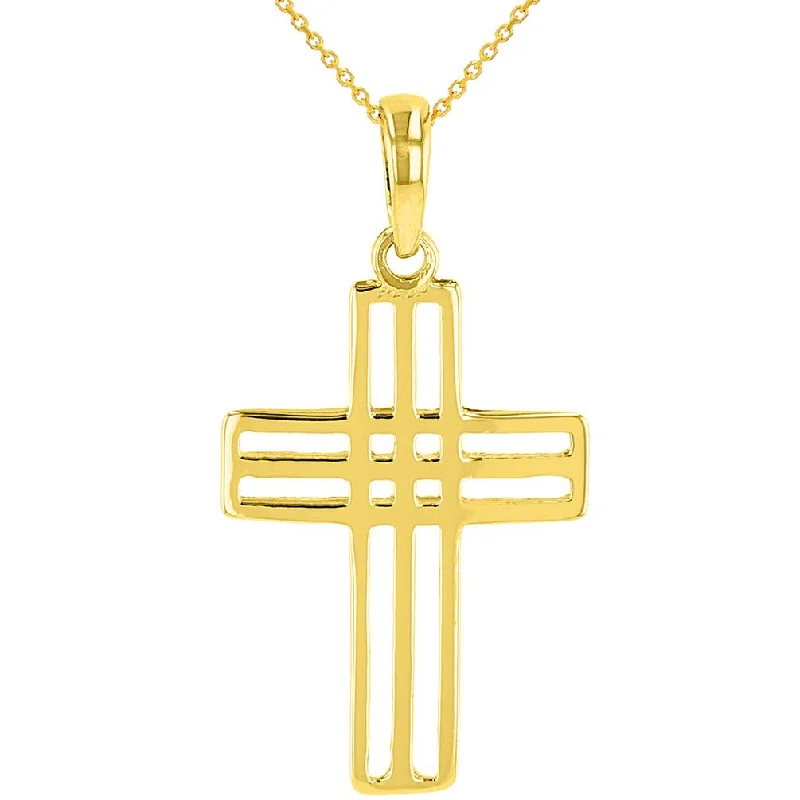 14k Yellow Gold Double Outline Open Religious Cross Charm Pendant Necklace