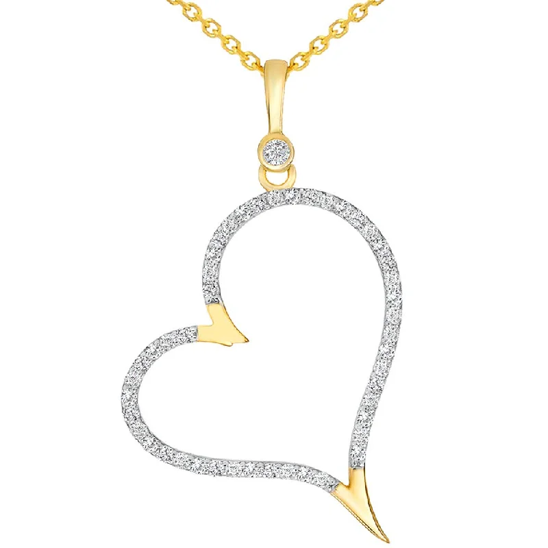 14k Yellow Gold Elegant Cubic Zirconia Open Heart Pendant Necklace Available with Cable, Curb, or Figaro Chain