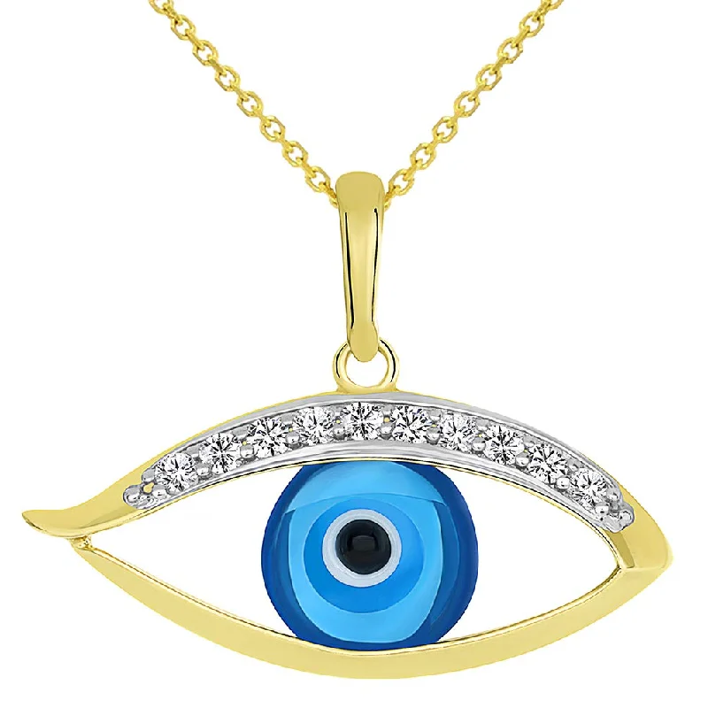 14k Yellow Gold Elegant Open-Style CZ Blue Evil Eye Pendant Necklace