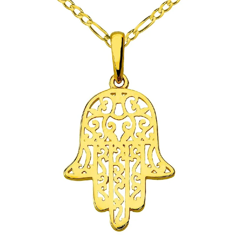 14k Yellow Gold Filigree Hamsa Hand of Fatima Charm Pendant with Figaro Chain Necklace