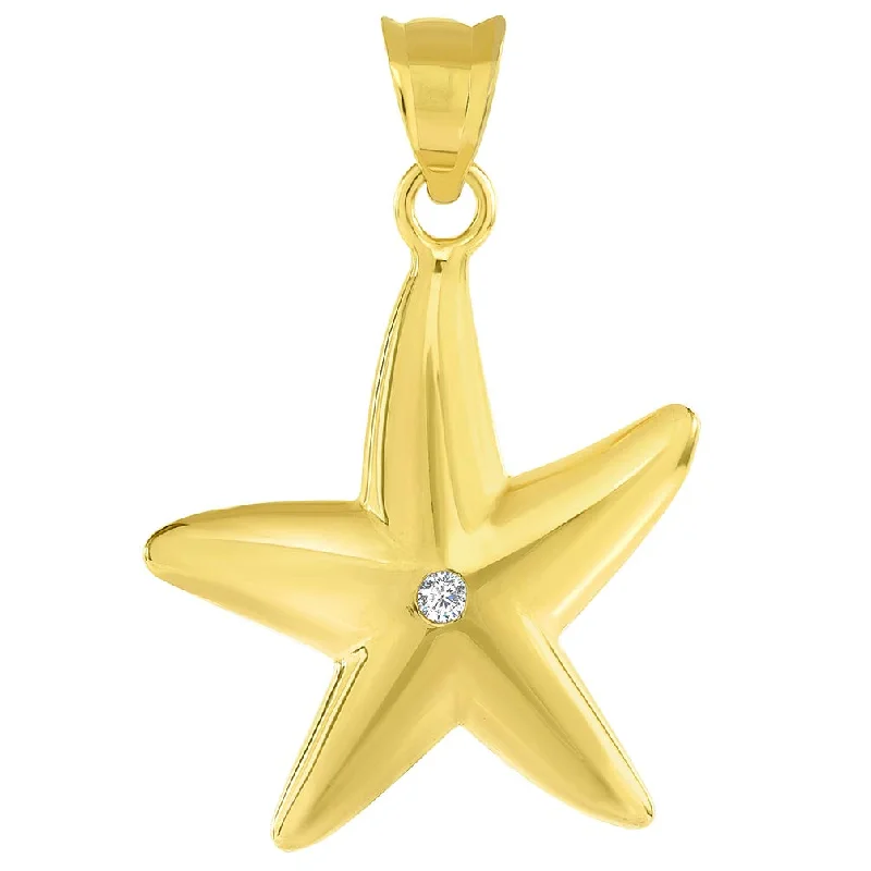 14k Yellow Gold High Polish Cubic Zirconia Studded Starfish Pendant