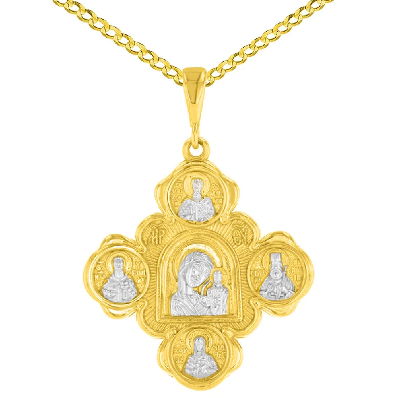 14K Yellow Gold Mother of God Mary with Jesus & Saints Cross Pendant Necklace