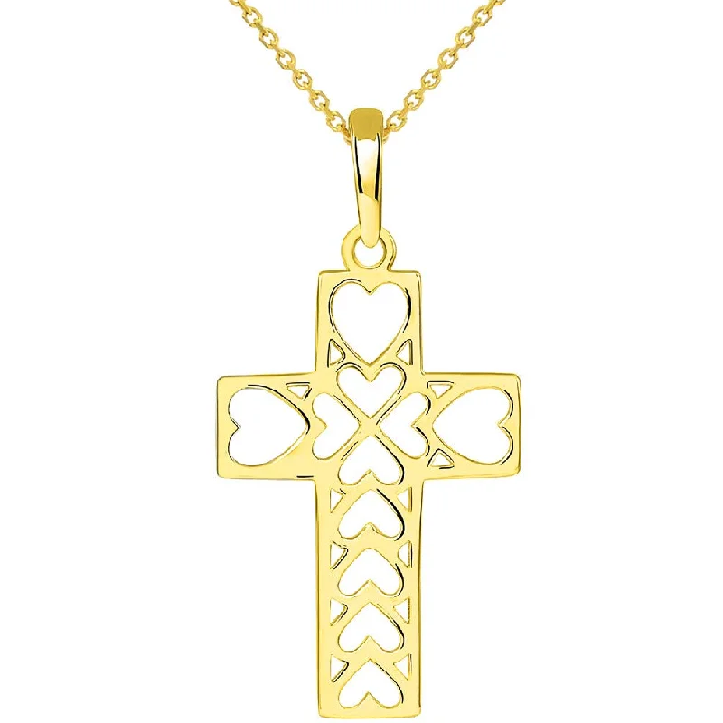 14k Yellow Gold Open Heart Christian Cross Pendant Necklace