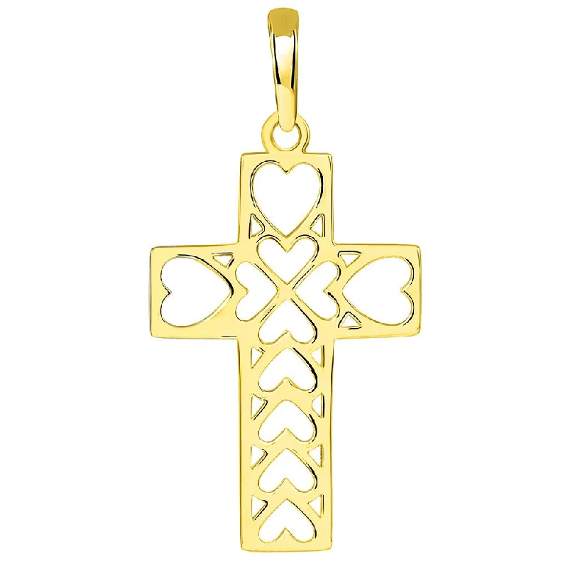 14k Yellow Gold Open Heart Christian Cross Pendant