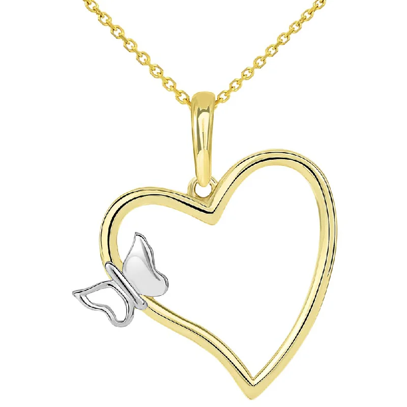 14k Yellow Gold Open Heart with Butterfly Pendant Necklace - Available with Rolo, Curb, or Figaro Chain Necklaces