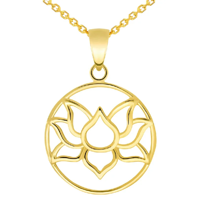 14k Yellow Gold Open Round Lotus Charm Padma Flower Pendant with Cable, Curb, or Figaro Chain Necklaces