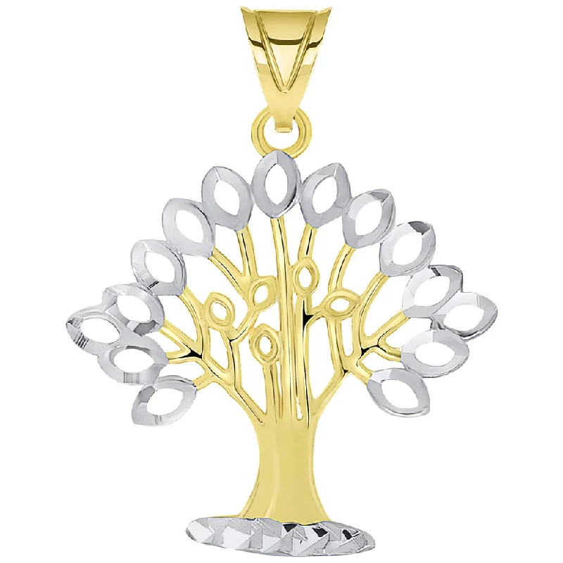 14k Yellow Gold Solid and Textured Tree of Life Two-Tone Pendant