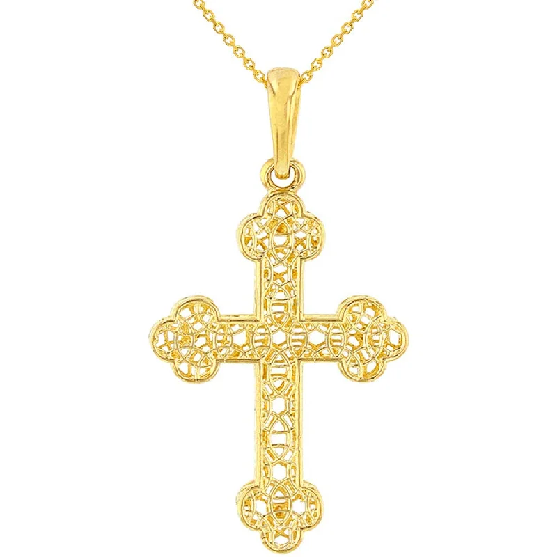 14k Yellow Gold Textured Filigree Eastern Orthodox Cross Pendant Necklace