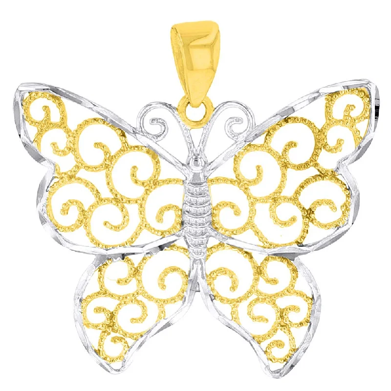 14k Yellow Gold Textured Filigree Style Butterfly Pendant