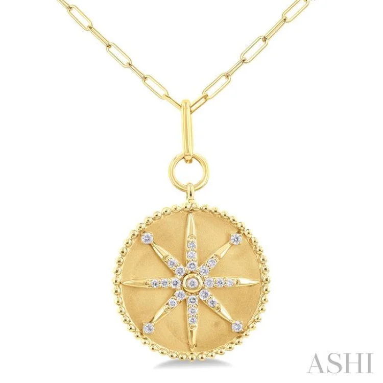 1/4 ctw Round Cut Diamond Compass Symbol Circle Medallion Fashion Pendant With Paper Clip Chain in 14K Yellow Gold