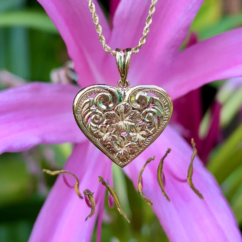 Large Filigree Hawaiian Heart Pendant w/Flowers in 14K Pink Gold