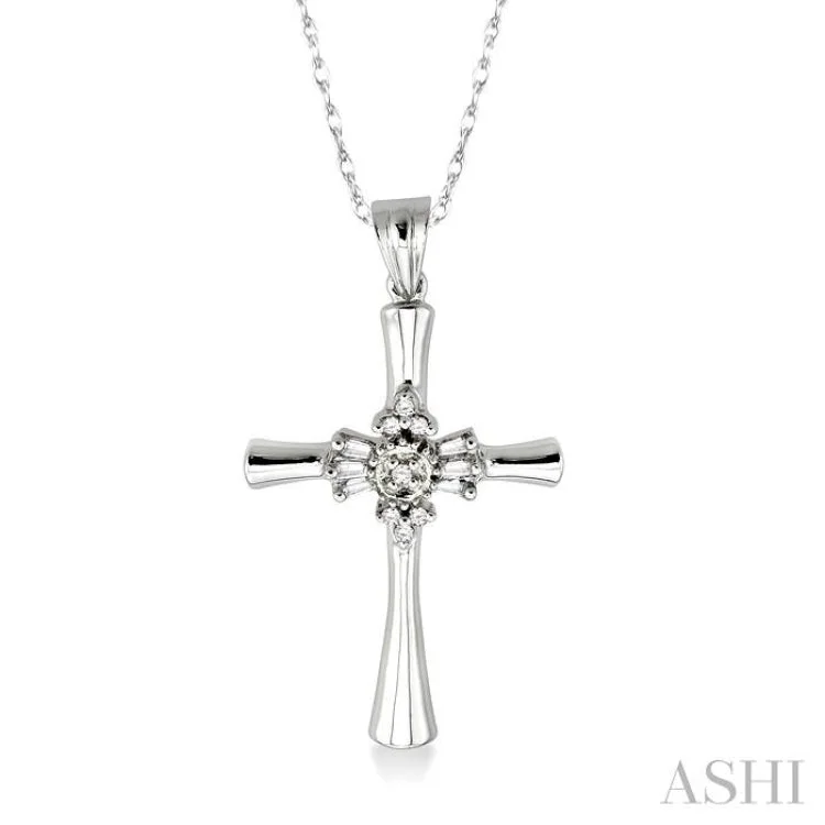 1/6 Ctw Baguette and Round Cut Diamond Cross Pendant in 14K White Gold with Chain