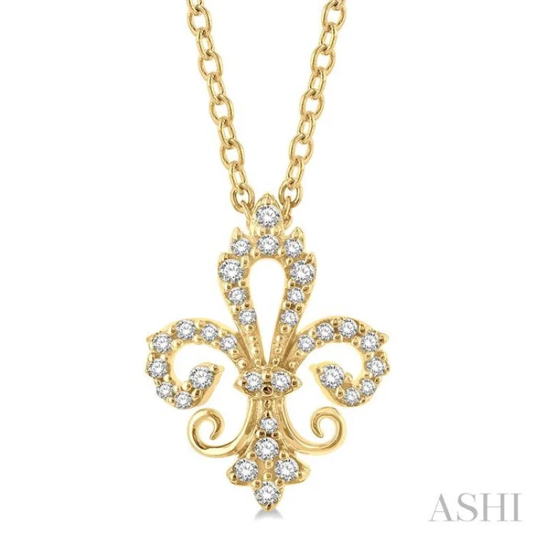 1/6 ctw Petite Carved Fleur De Lis Round Cut Diamond Fashion Pendant With Chain in 10K Yellow Gold