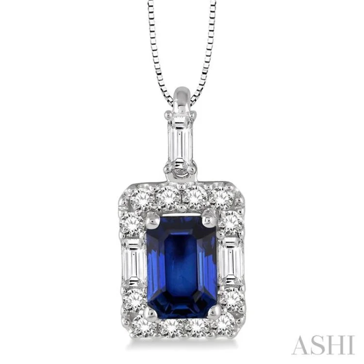 6x4 MM Octagon Cut Sapphire and 1/3 Ctw Round Cut Diamond Precious Pendant in 14K White Gold with Chain