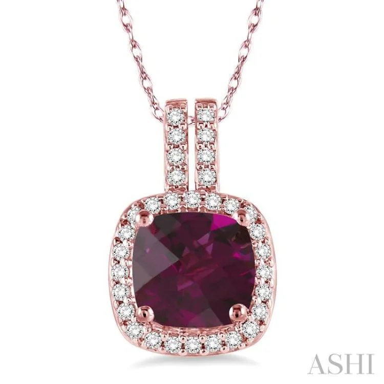 7x7  MM Cushion Shape Rhodolite Garnet and 1/5 Ctw Round Cut Diamond Pendant in 14K Rose Gold with Chain