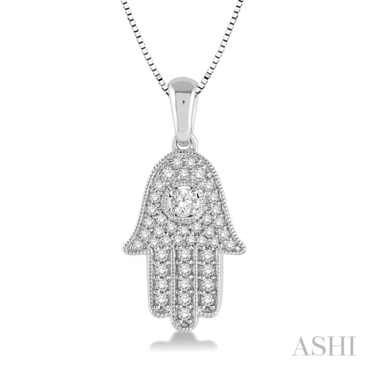 3/8 Ctw Round Cut Diamond Hamsa Pendant in 14K White Gold with Chain