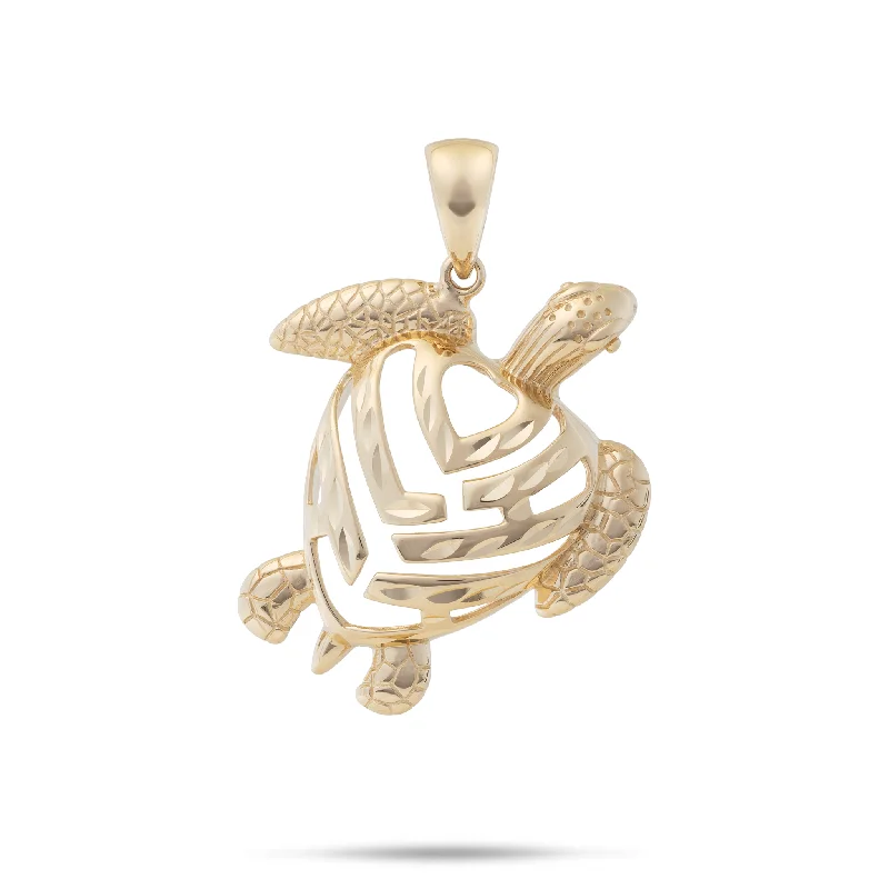 Honu Aloha Heart Pendant in Gold - 26mm