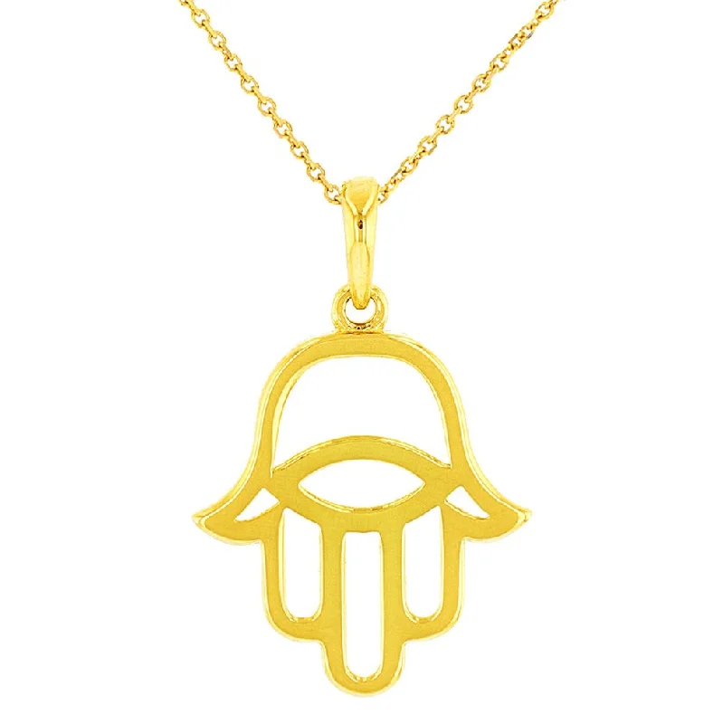 Jewelry America Solid 14K Gold Hamsa Hand of Fatima with Evil Eye Charm Pendant Necklace