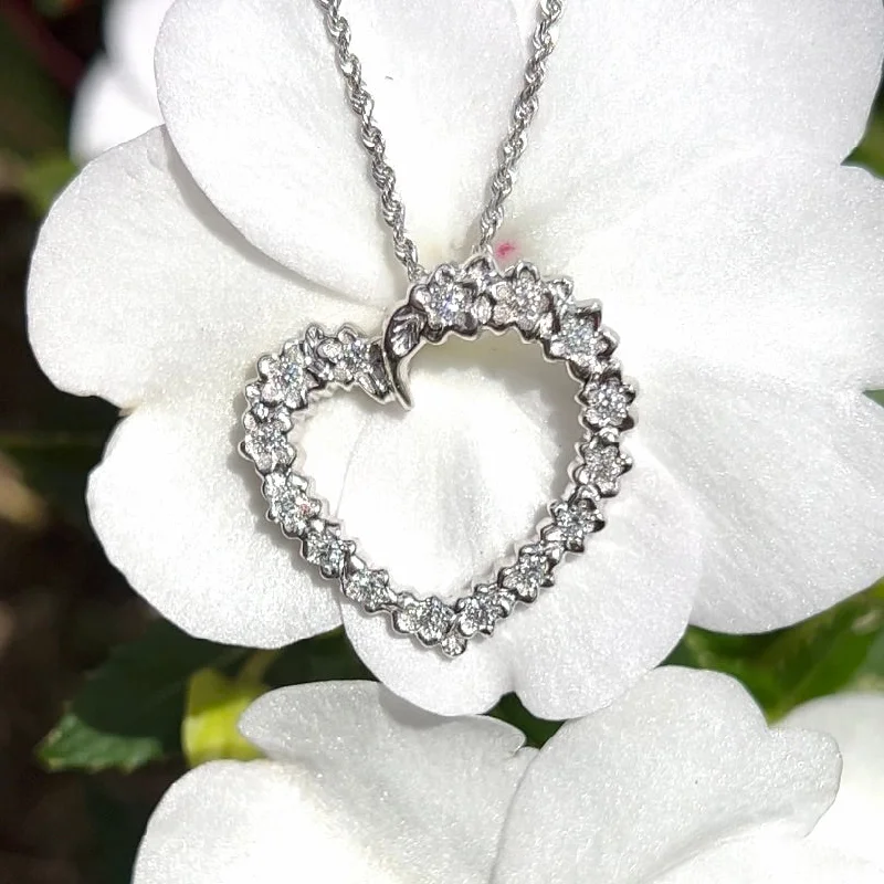 Large Slanted Hawaiian Heart Pendant w/ or w/o Diamonds in 14K White Gold