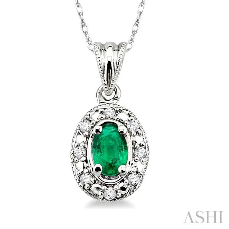 5x3 MM Oval Shape Emerald and 1/20 Ctw Single Cut Diamond Pendant in 10K White Gold with Chain