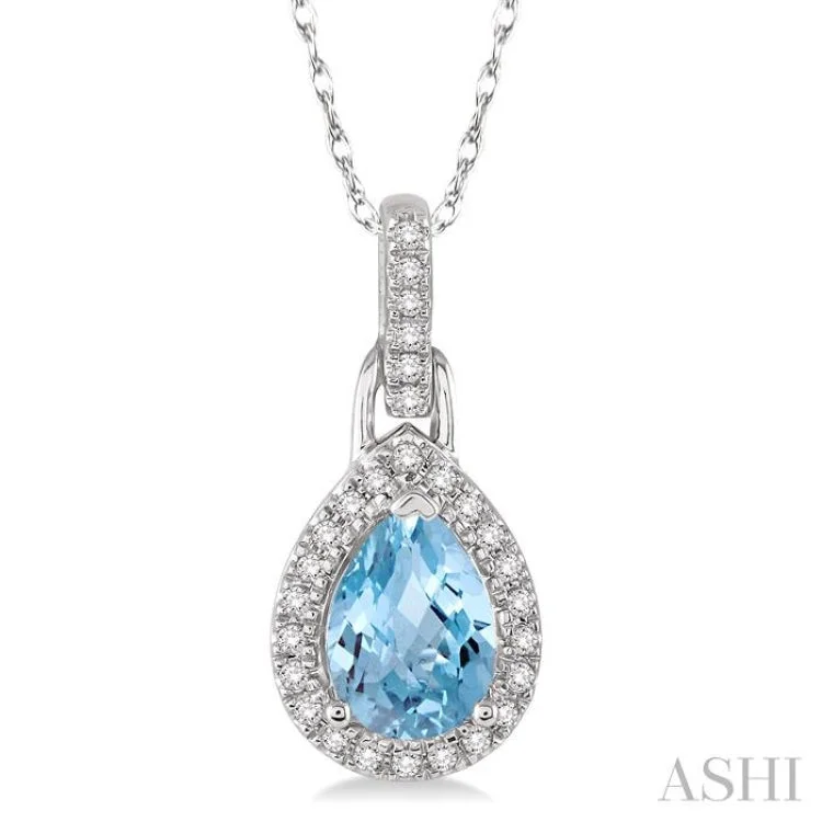 7x5 MM Pear Shape Aquamarine and 1/10 Ctw Round Cut Diamond Pendant in 14K White gold with Chain