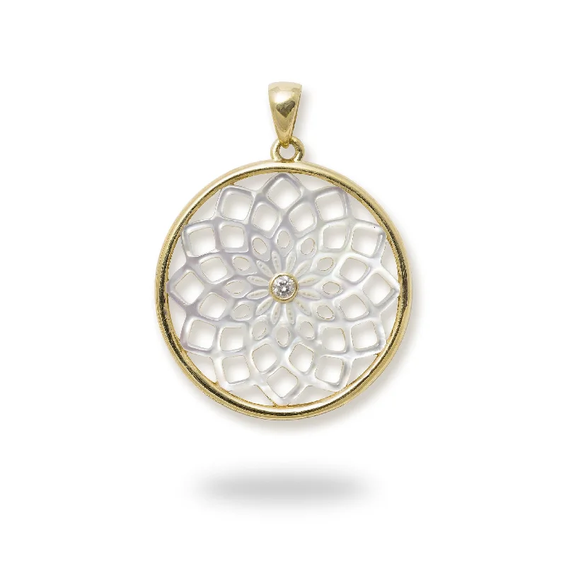 Protea Mother of Pearl Pendant in Gold with Diamond  - 22mm