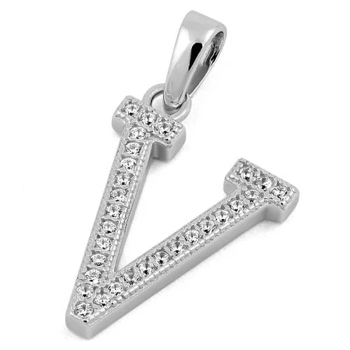 Sterling Silver Letter V CZ Pendant