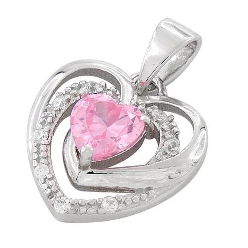 Sterling Silver Precious Heart Pink CZ Pendant