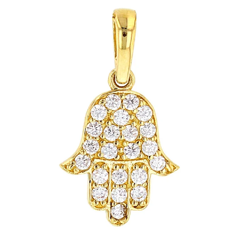 Solid 14K Gold Hamsa Hand of Fatima with Cubic Zirconia Charm Pendant