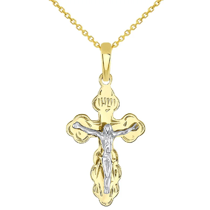 Solid 14k Two Tone Gold Eastern Orthodox Cross Save and Protect Crucifix Pendant Necklace