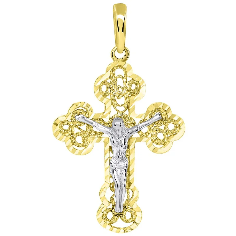 Solid 14k Two Tone Gold Filigree Eastern Orthodox Cross Crucifix Pendant