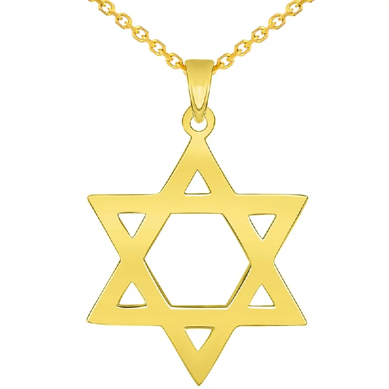 Solid 14k Yellow Gold 0.9mm Star Of David Pendant with Cable, Curb, or Figaro Chain Necklaces