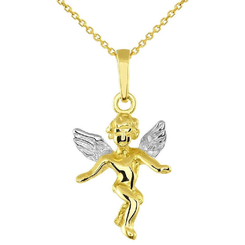 Solid 14k Yellow Gold 3D Small Angel with Open Arms Charm Pendant with Chain Necklace