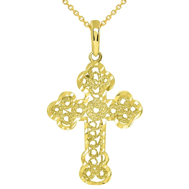 Solid 14k Yellow Gold Filigree Eastern Orthodox Cross Pendant Necklace