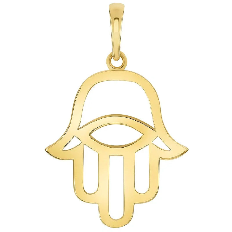 Solid 14K Yellow Gold Hamsa Hand of Fatima with Evil Eye Charm Pendant